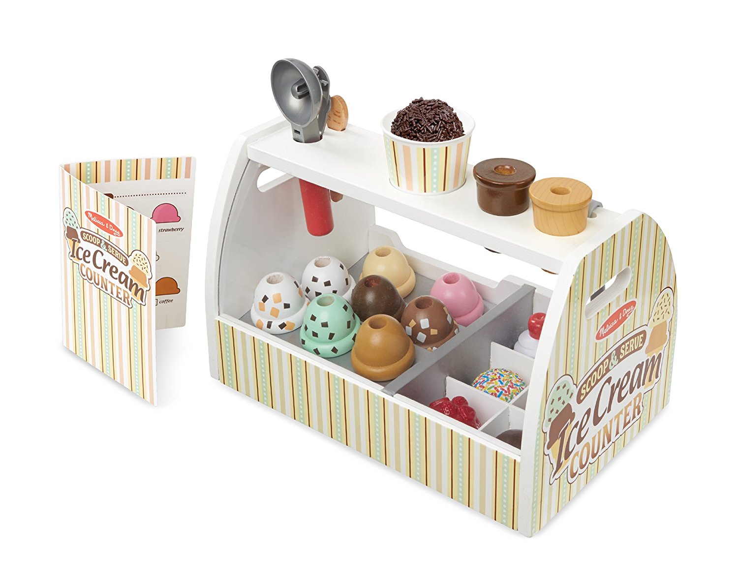 Melissa & Doug Wooden Scoop and Serve Ice Cream Counter (28 pcs) - Play Food and Accessories